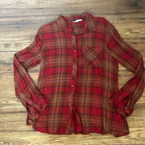 Beachlunchlounge Red and Brown Plaid long sleeve Shirt Small Petite EUC